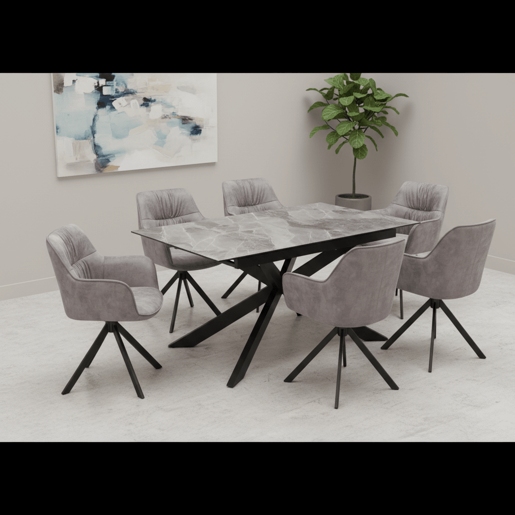 Athena Light Grey Ceramic Extendable Table with Comic Silver Grey Chairs Dining Set