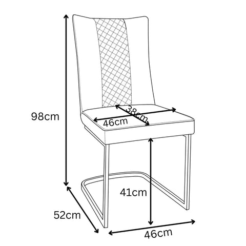 Black and white line drawing of a cuneo  dining chair with dimension arrows and labels showing height, width, and depth measurements.