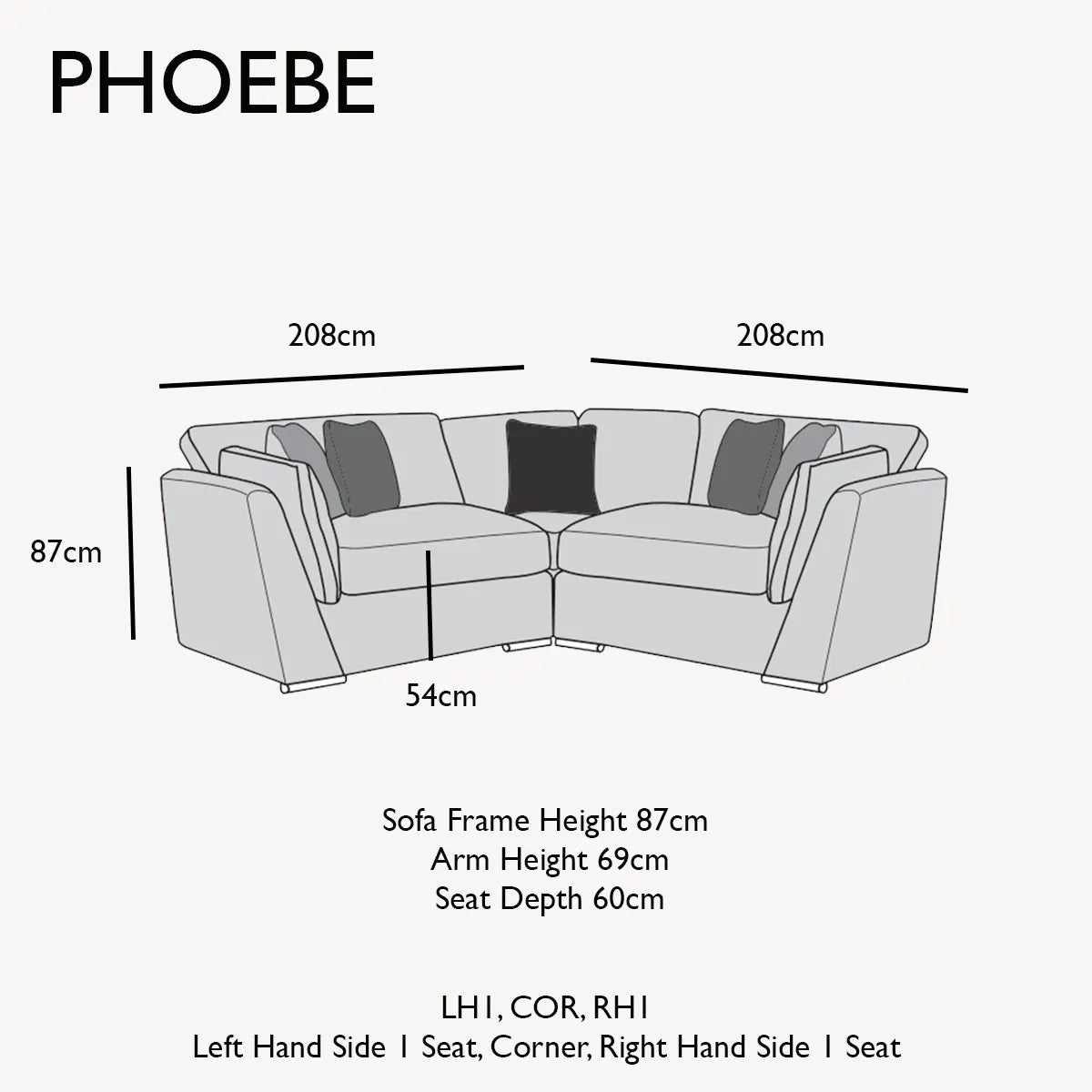 Phoebe Fabric Pillow Back Corner Chaise Sofa - LH1, COR, RH1 Dimensions 