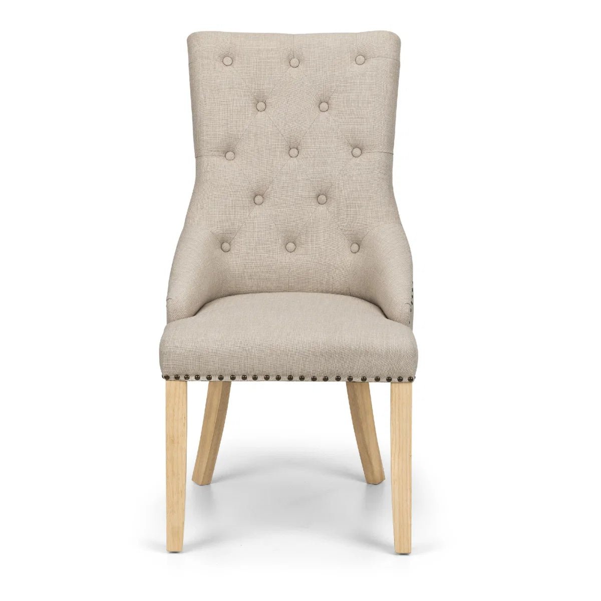Beige upholstered chair with wooden legs on a white background