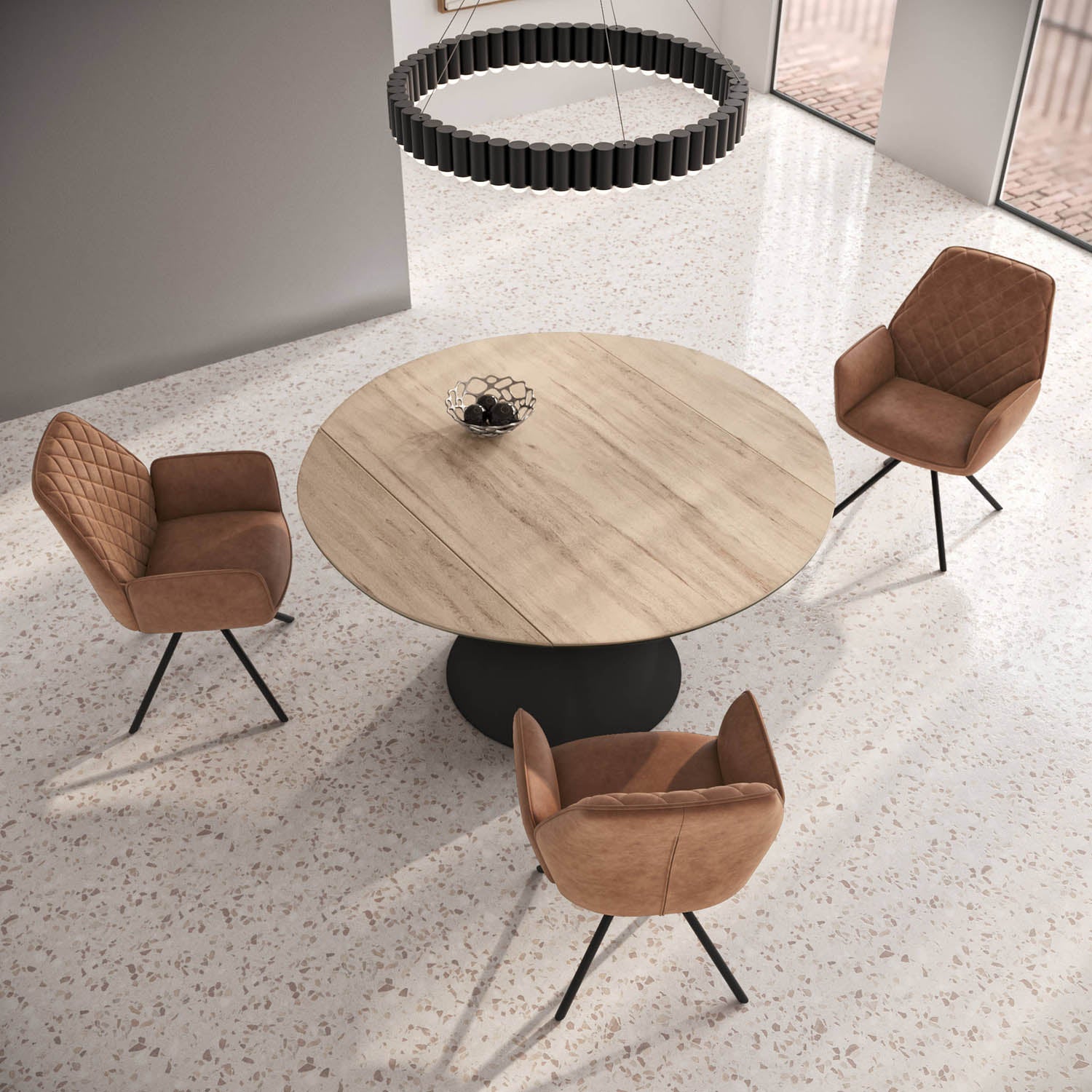 Get Alessio Oak Effect Ceramic Extending Round Dining Table with 4 Lina Chairs Pendle Village Furniture