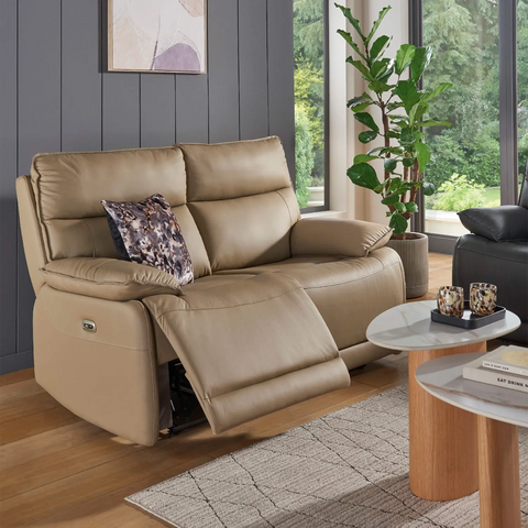 Logan 2 Seater Electric Recliner Sofa – Latte Leather - Pendle Village Furniture