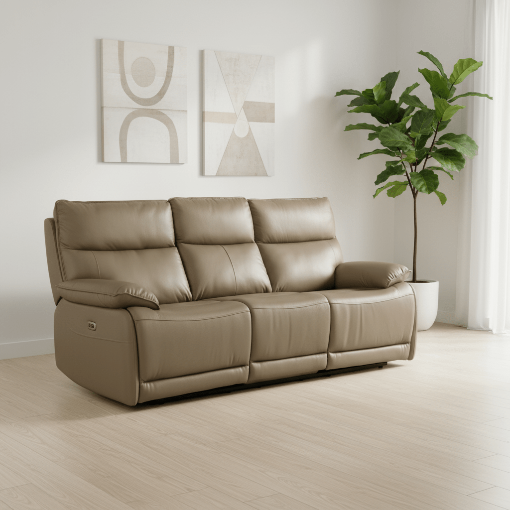 Logan 3 Seater Electric Recliner Leather Sofa – Latte