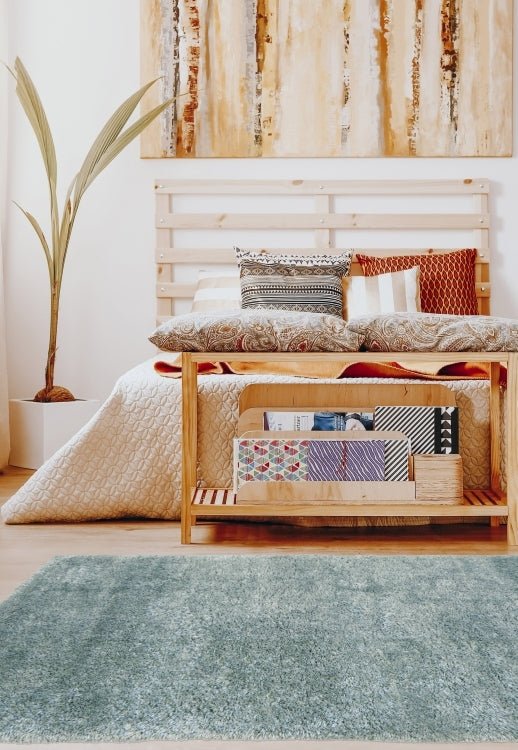 Lagom duck egg rug with plush shaggy texture and modern style.