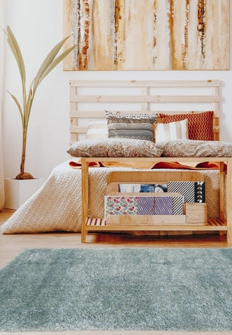 Lagom duck egg rug with plush shaggy texture and modern style.