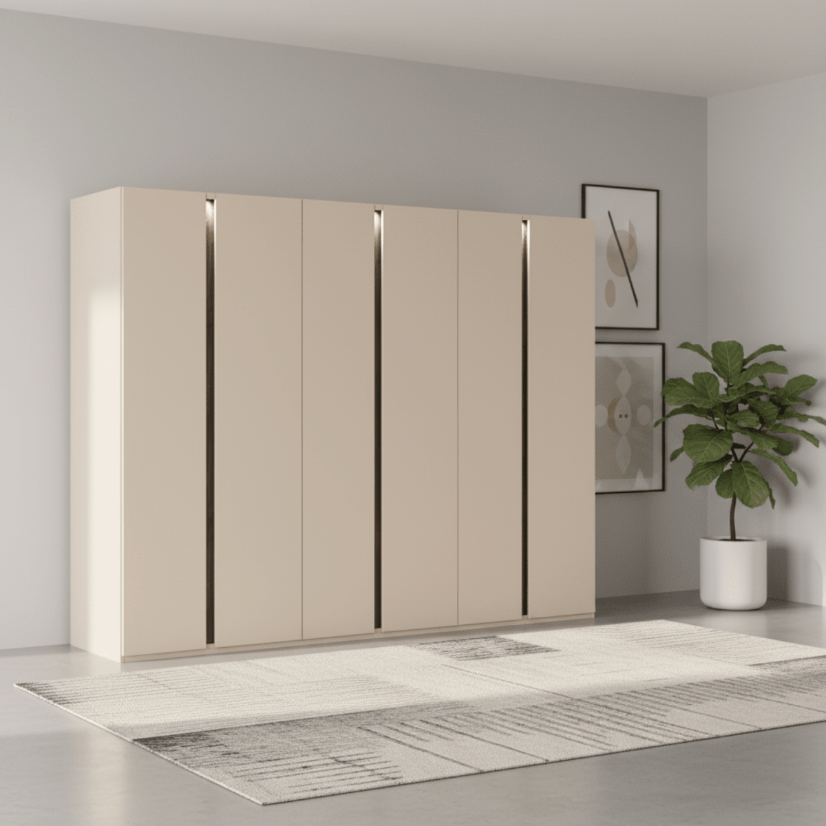 Larisa 301cm Champagne & Atlantic Oak Hinged 6 Door Wardrobe with LED lights in a room with a plant and framed pictures on the wall.