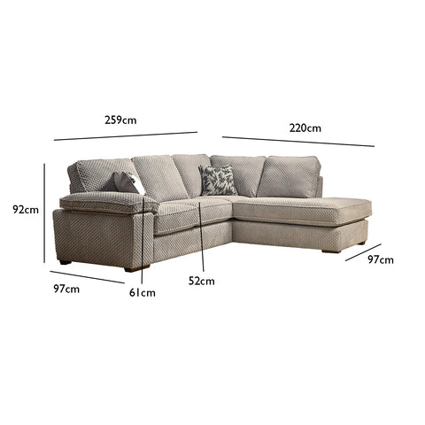 Laura Chaise Corner Fabric sofa with dimensions labeled on a white background