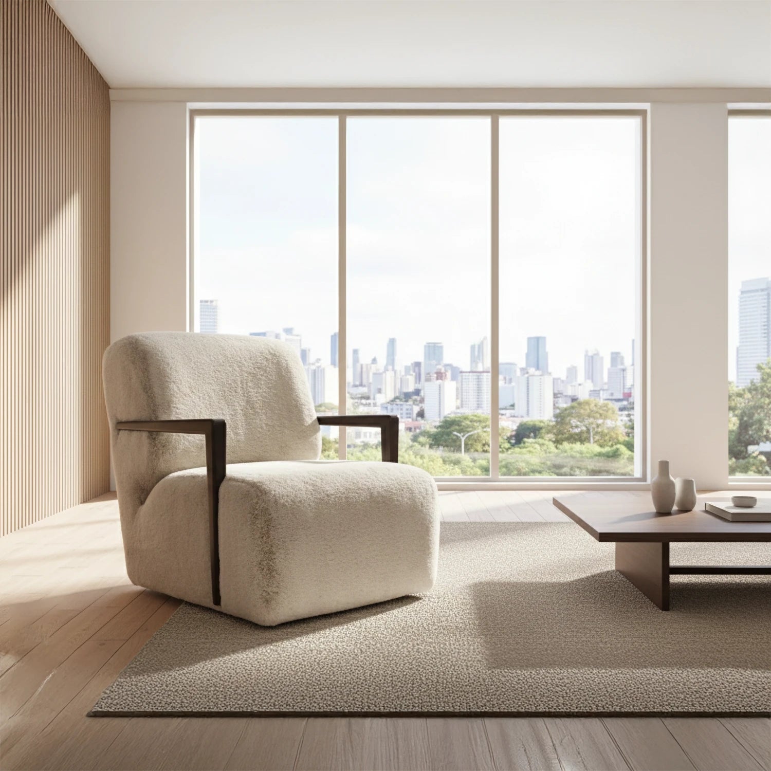 Shop the Aura Chair in soft Bear fabric with Mid or Walnut Oak arms. Available as an accent or swivel chair in Beige, Ivory or Silver. Luxury comfort for any room.