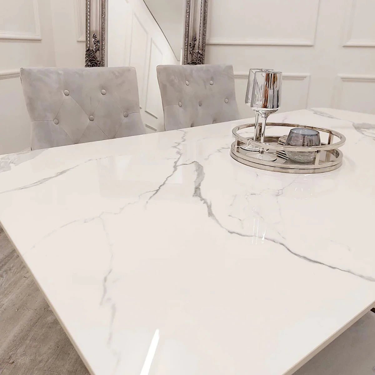 Layton White Sintered Stone Dining Table with Grey Leather Chairs - Pendle Village Furniture