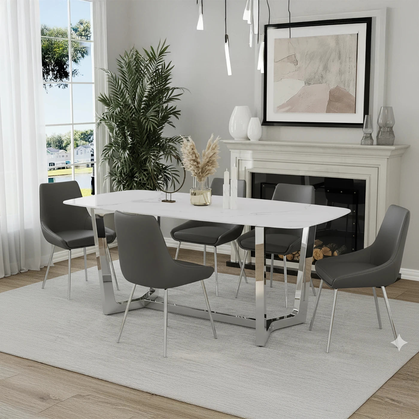 Layton White Sintered Stone Dining Table with Grey Leather Chairs - Pendle Village Furniture