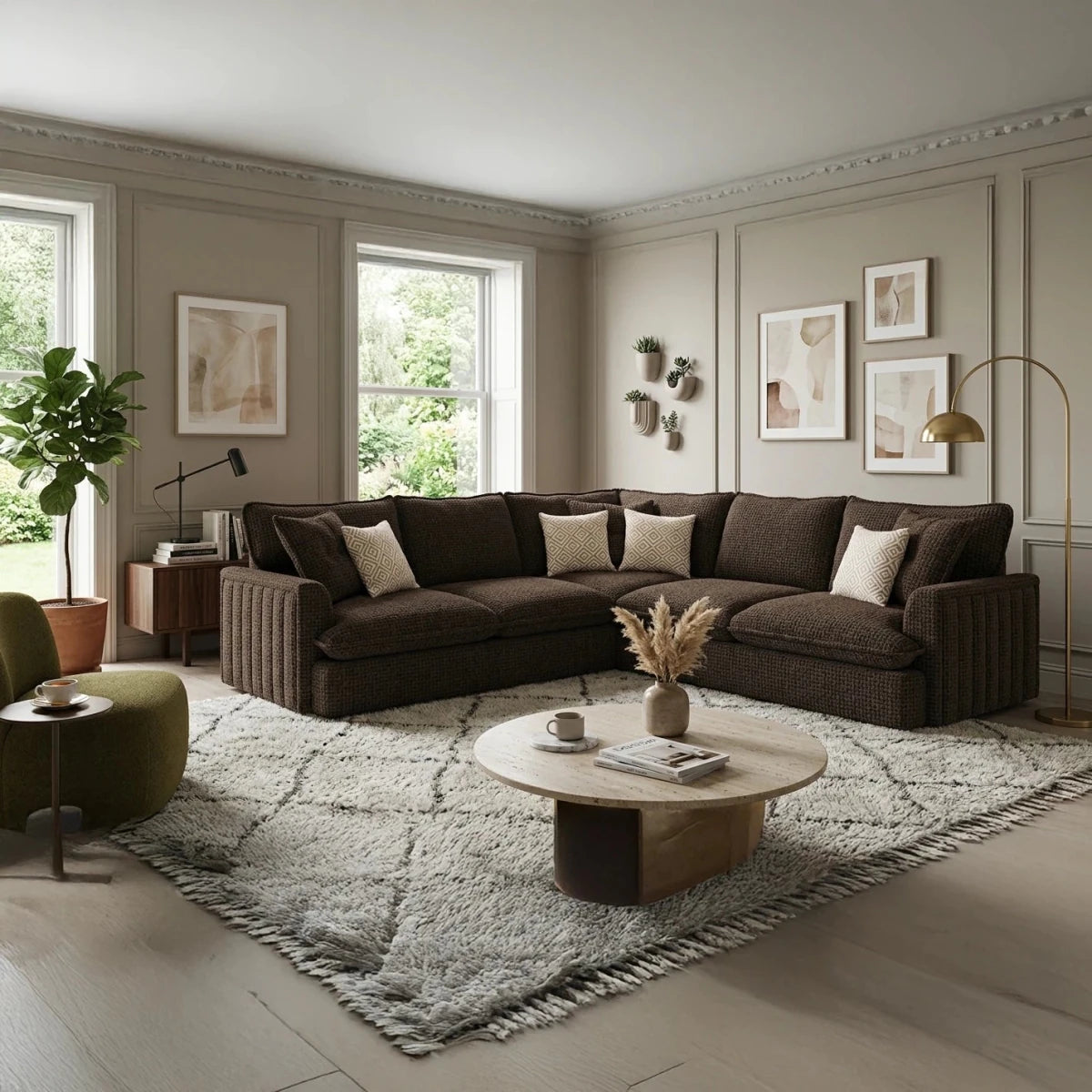 Stylish modern fabric sofa with soft upholstery, deep comfortable seating, plush back cushions, and sleek black feet.