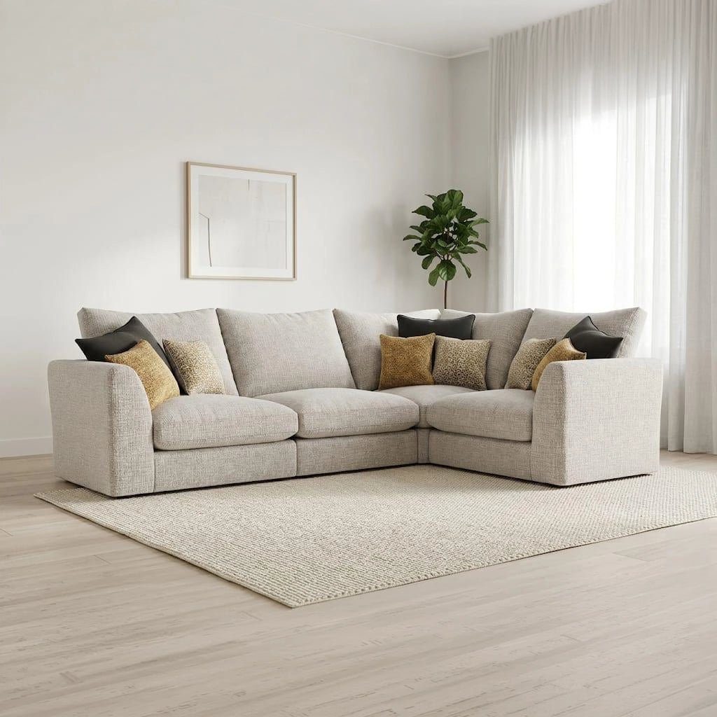 Elegant Georgio Modular Willow sofa featuring deep plush seating, textured woven fabric, and a sleek contemporary silhouette in neutral tones