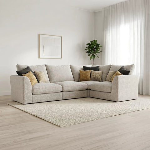 Elegant Georgio Modular Willow sofa featuring deep plush seating, textured woven fabric, and a sleek contemporary silhouette in neutral tones