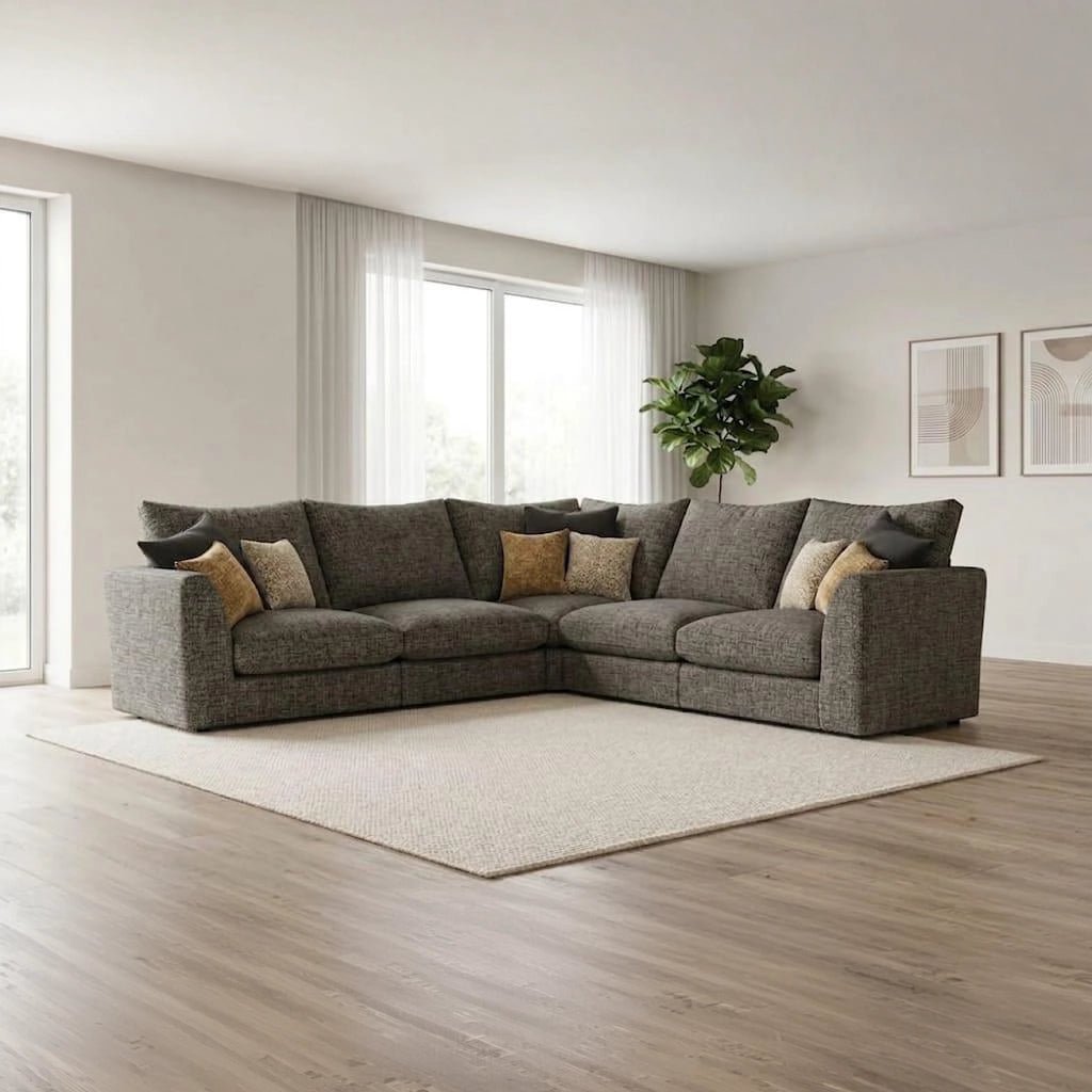 Modern modular Charcoal fabric sofa with deep cushions, neutral upholstery, and a coordinating stool for added comfort.