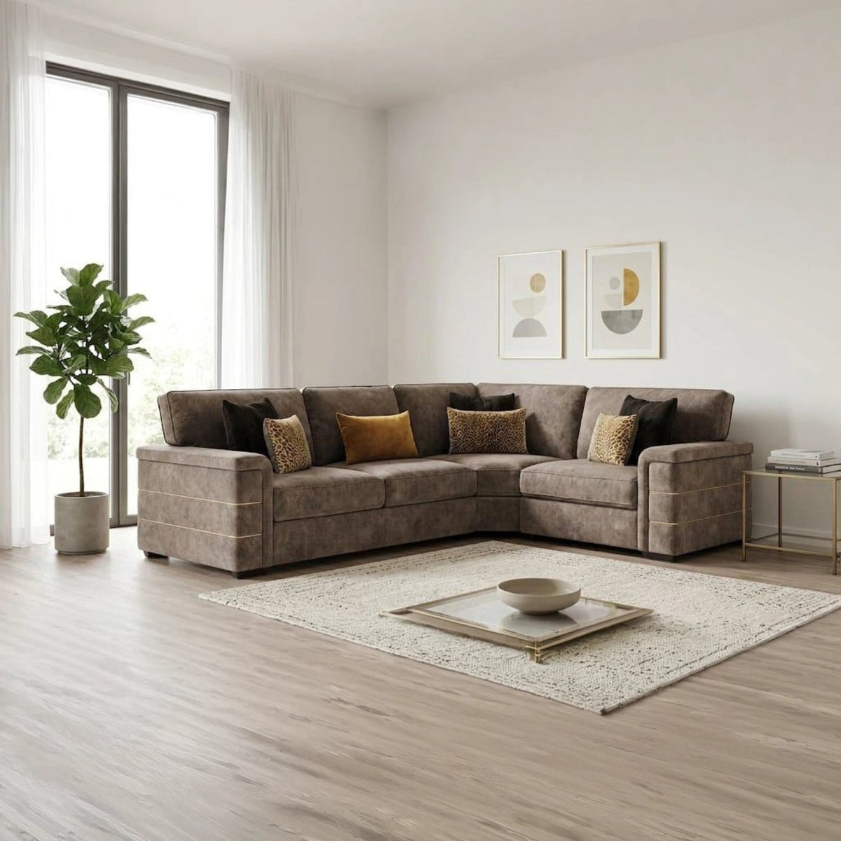 Luxury Glamour Inspire velvet corner sofa with plush cushions, soft dappled fabric, and an elegant contemporary look.