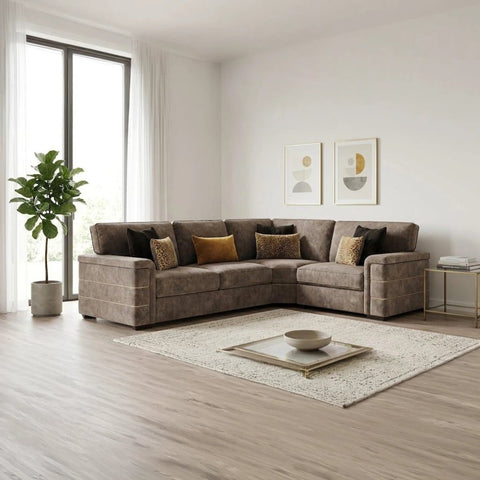 Luxury Glamour Inspire velvet corner sofa with plush cushions, soft dappled fabric, and an elegant contemporary look.