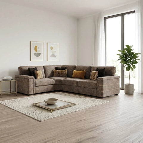 Luxury Glamour Inspire velvet corner sofa with plush cushions, soft dappled fabric, and an elegant contemporary look.