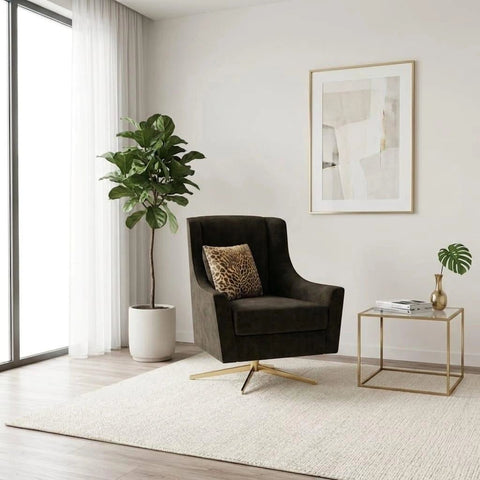 Deep cushioning, velvet upholstery, and a modern rotating base.