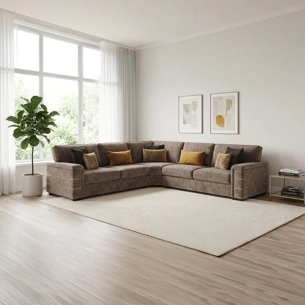 Glamour Inspire Fabric 2 Corner 2 sofa with deep seating, velvet upholstery, and a spacious corner design.
