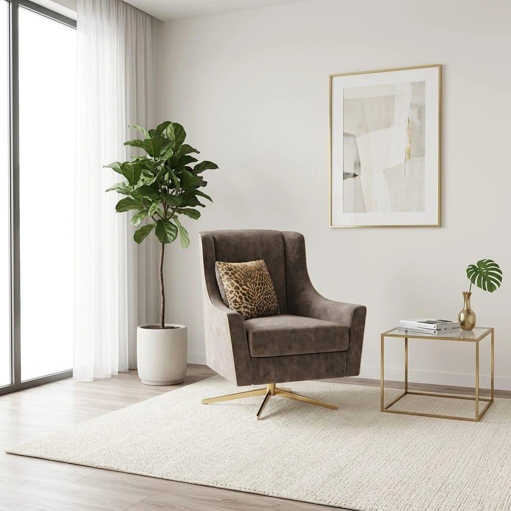 Luxury Glamour Inspire velvet swivel chair with plush seating, soft dappled fabric, and an elegant contemporary design.