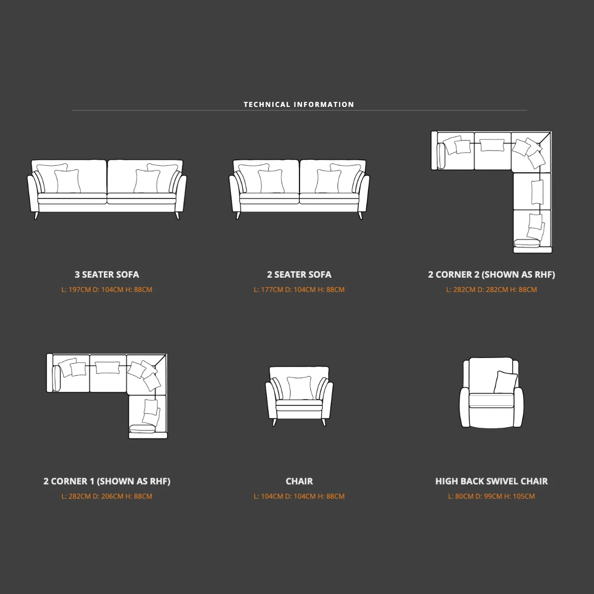 Kensington Padua Fabric Sofa Collection - Dimensions