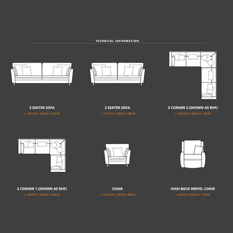 Kensington Padua Fabric Sofa Collection - Dimensions