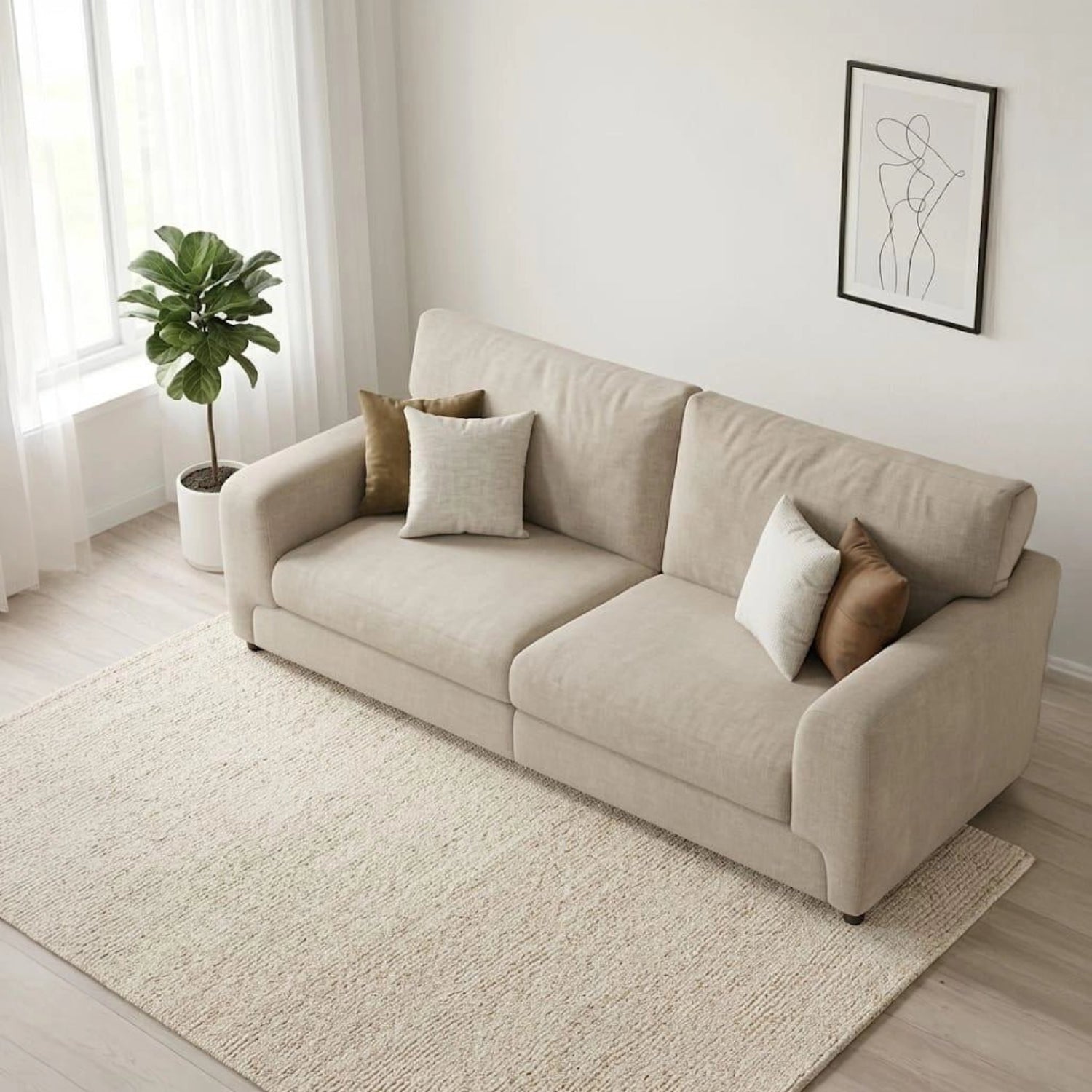 Modern small sofa with taupe accent cushions UK.