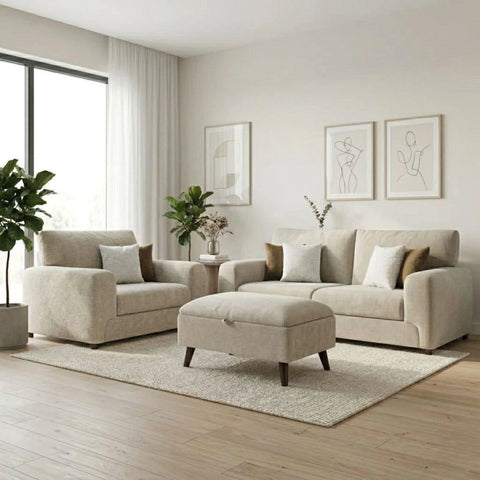 Luxury Fabric sofa with deep seating and modern design, Storage Footstool in ivory upholstery .