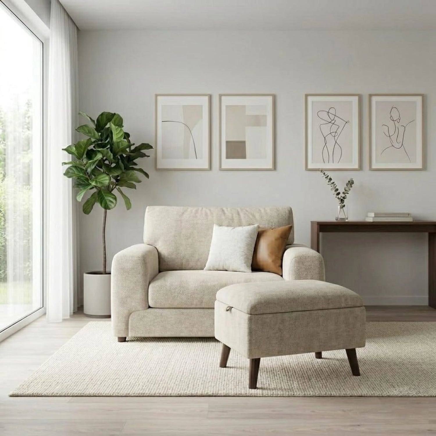 Sergio Astoria Fabric Love Chair in ivory fabric ,Luxury storage ottoman with hidden compartment UK.