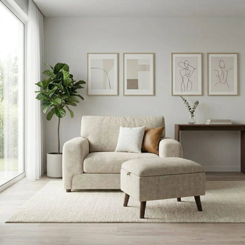 Sergio Astoria Fabric Love Chair in ivory fabric ,Luxury storage ottoman with hidden compartment UK.