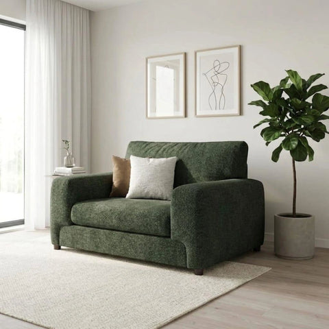 Mossy Fabric Love Chair in soft textured upholstery.