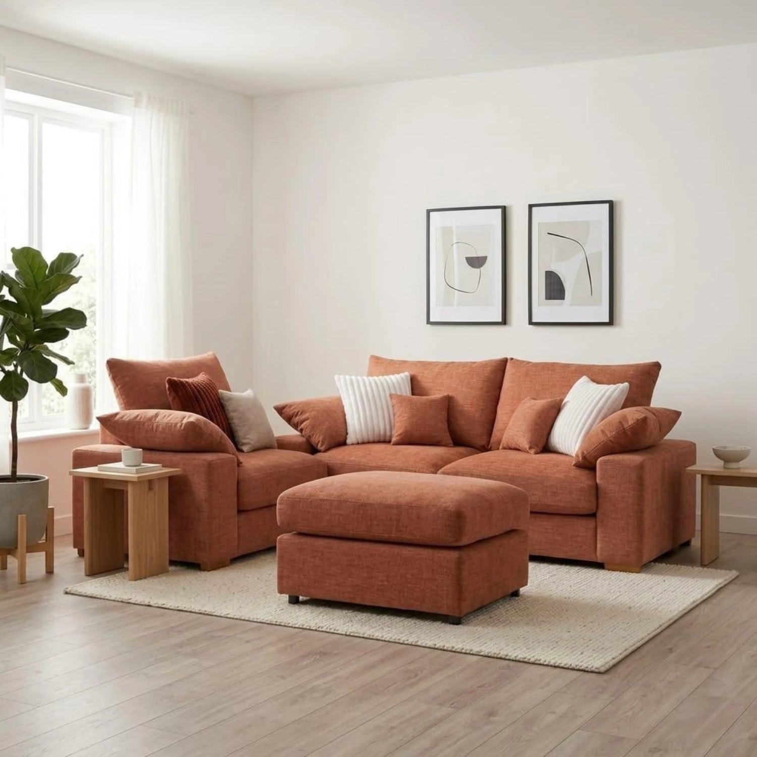 Lennox Steppe 2 seater fabric sofa with cozy feather-filled cushions, chenille upholstery, and a compact modern design and stool.