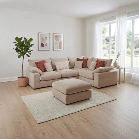 Lennox Steppe  fabric sofa with cozy feather-filled cushions, chenille upholstery, and a compact modern design and stool.