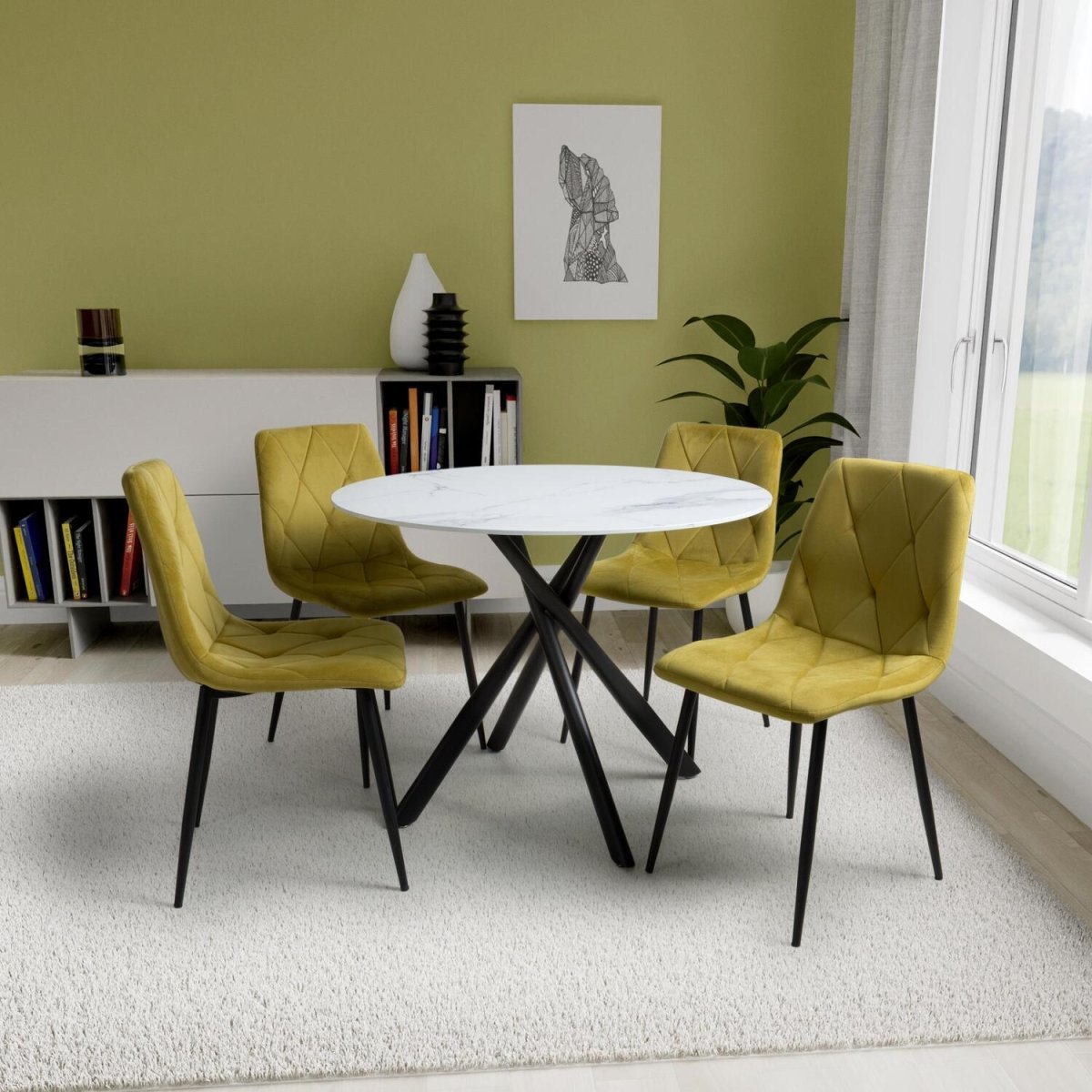 White Marble effect Round Dining Table and 4 Yellow Brushed Velvet Dining Chairs - Pendle Village Furniture