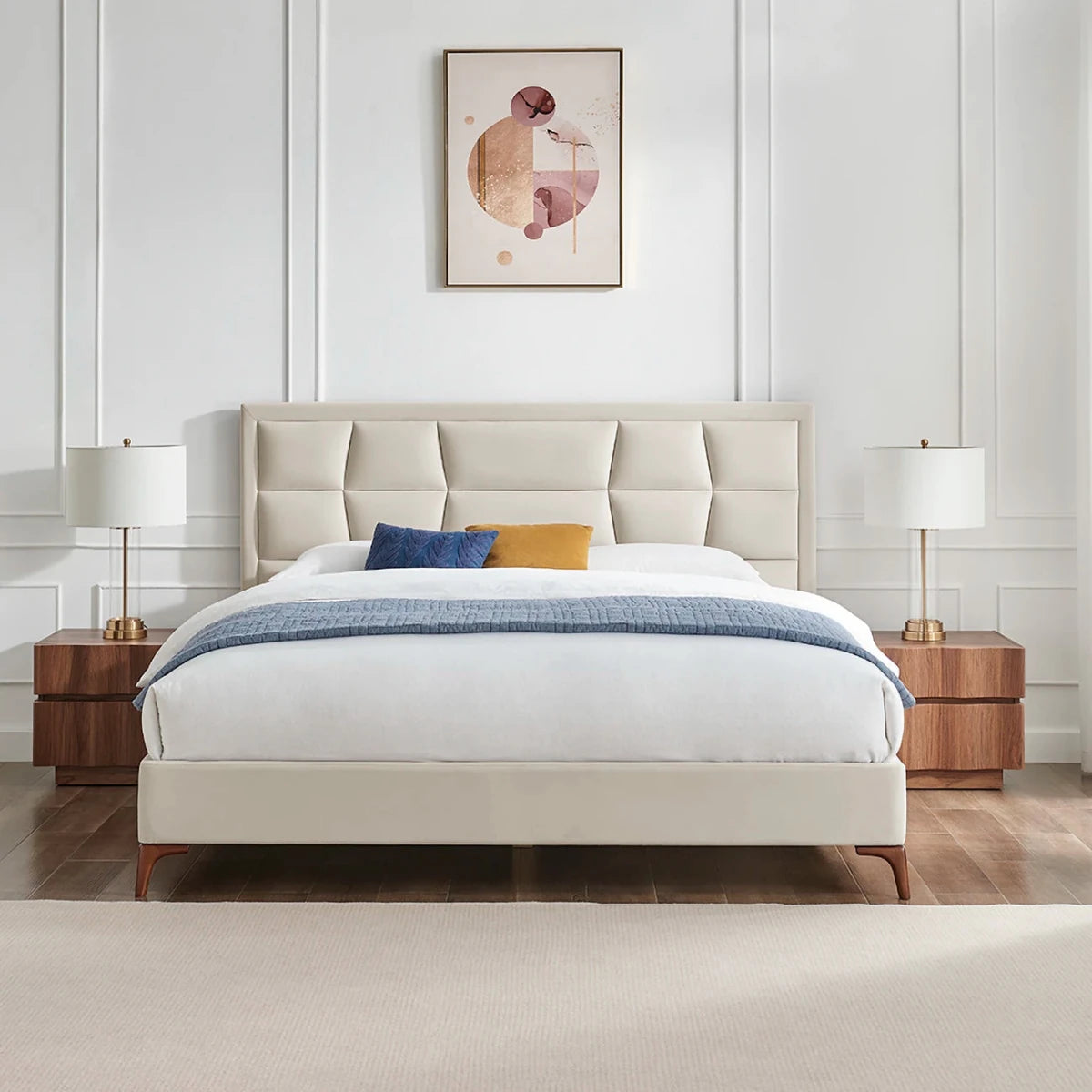 Camila Luxury Bed - Modern bed design with geometric headboard design, available in 3 colours and 3 sizes.