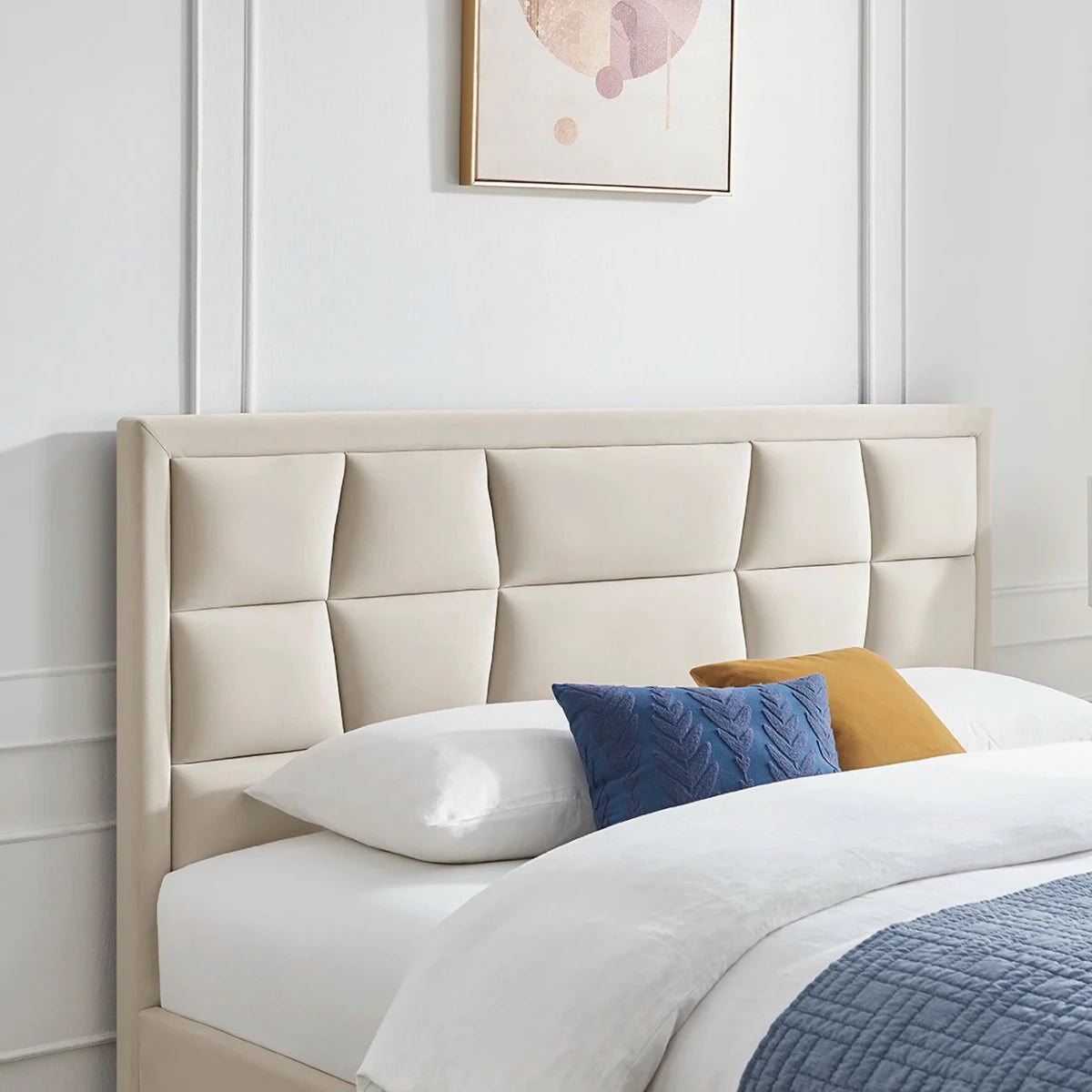Close Up of Geometric Headboard Design on the Camila Luxury Bed. Available in Natural, Navy or Silver 