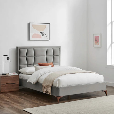 Lifestyle image of the Camila Luxury Bed shown in Silver Grey Velvet. Also available in Natural or Grey in a choice of 3 sizes, Double, Kingsize or Superking.