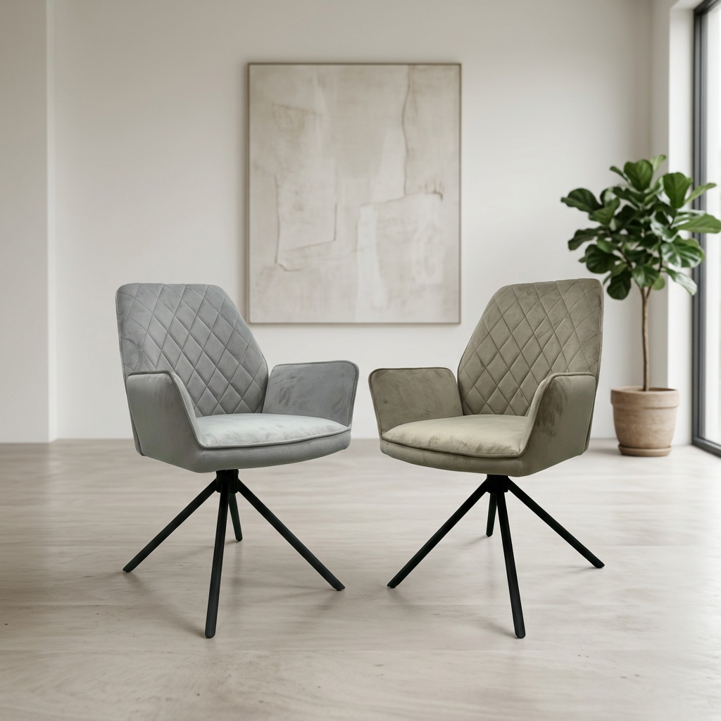 Shop Lina Fabric Swivel Dining Chairs in Mink or Grey. Featuring 180° auto-return swivel, diamond stitching and padded armrests. Sets of 4, 6 or 8.
