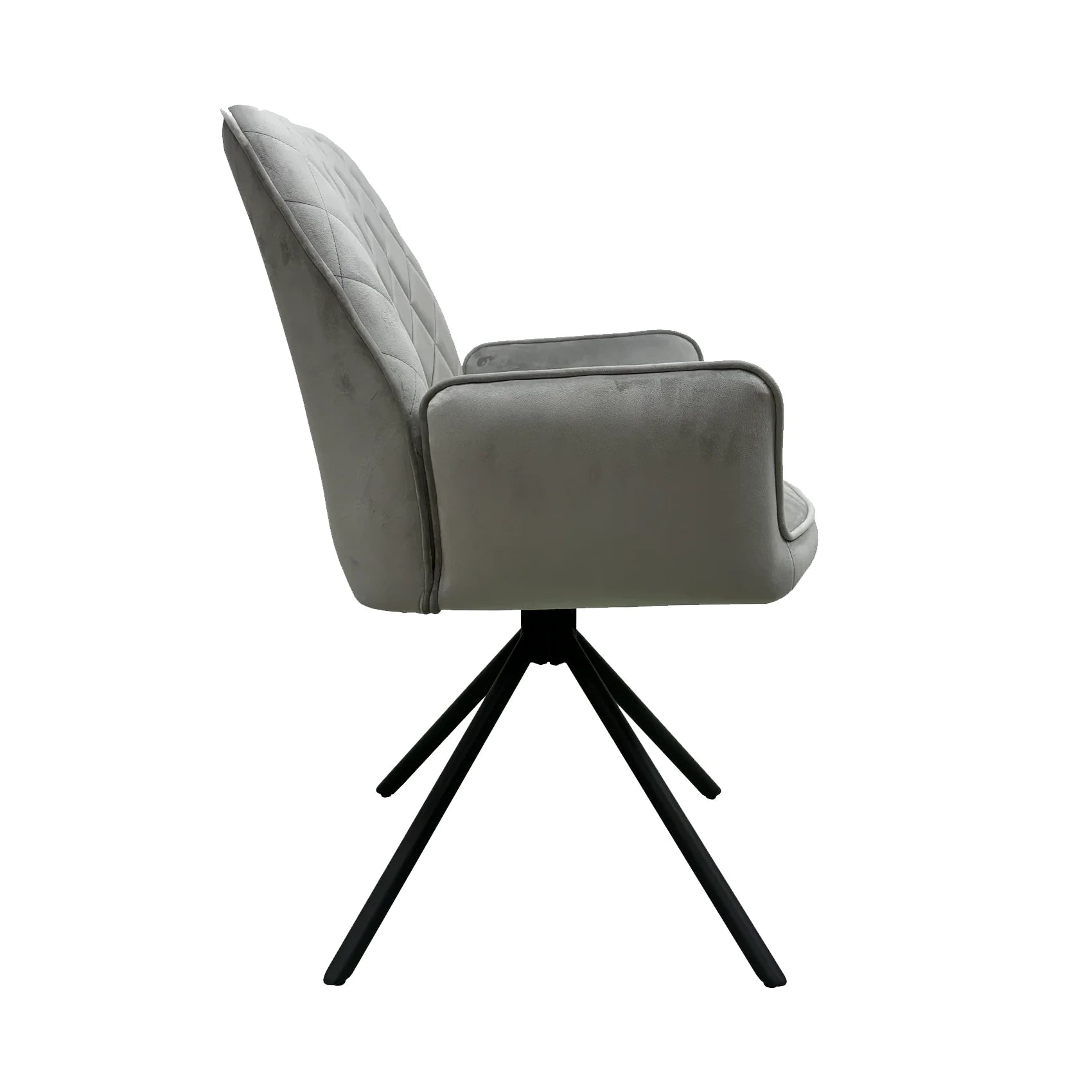 Side view of Lina Grey Fabric Diamond Stitch Design Back Swivel Dining Arm Chairs
