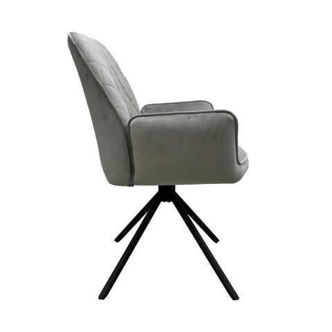 Side view of Lina Grey Fabric Diamond Stitch Design Back Swivel Dining Arm Chairs