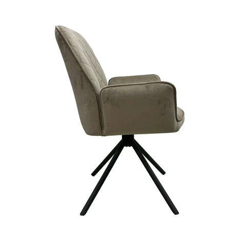 Side View of Lina Mink Fabric Diamond Stitch Design Back Swivel Dining Arm Chairs