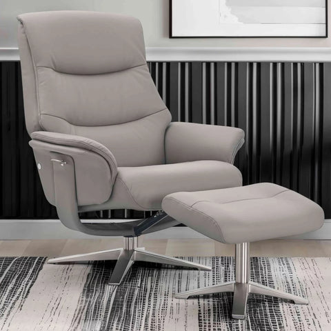 Lindos Platinum Grey Leather Swivel Chair with Footstool - Pendle Village Furniture