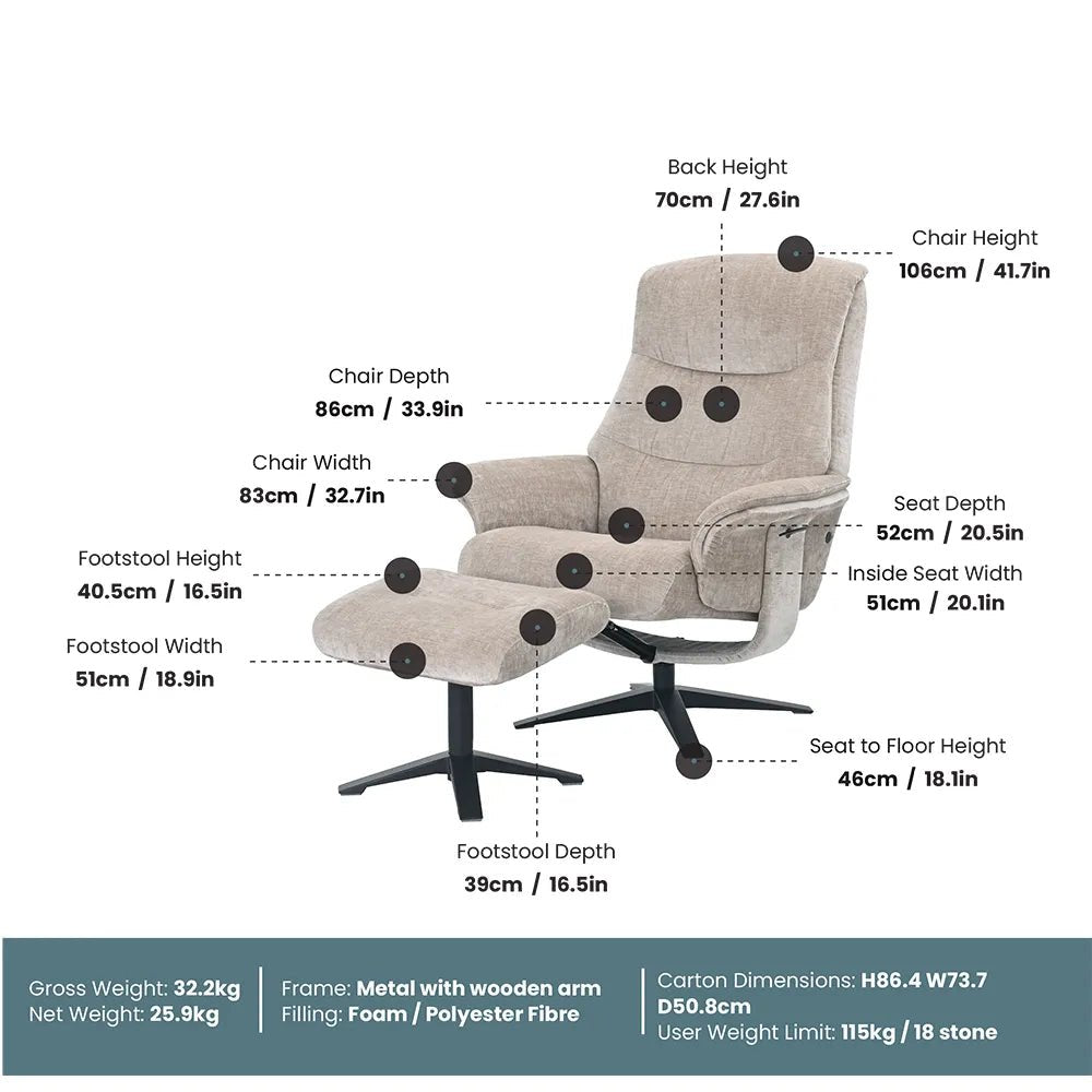 Lindos Platinum Grey Leather Swivel Recliner Chair with Footstool - Dimensions