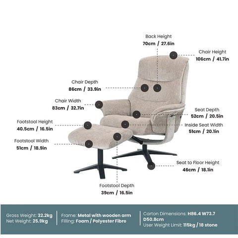 Lindos Platinum Grey Leather Swivel Recliner Chair with Footstool - Dimensions