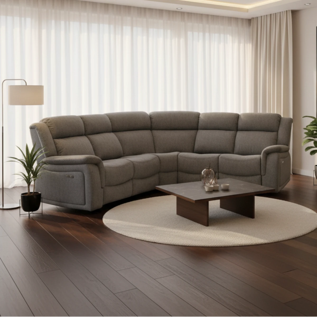 Recliner corner sofa size reference for left or right configuration.