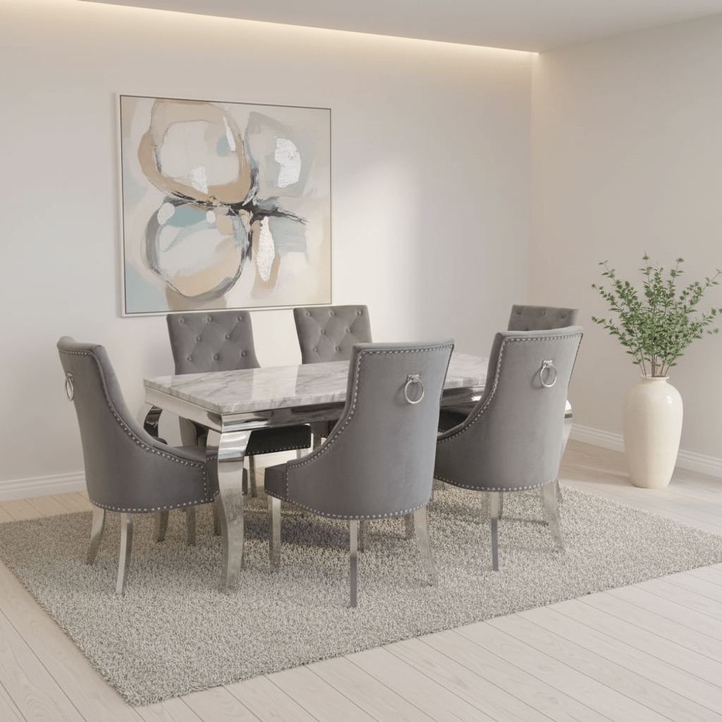 Liyana 2M Marble Top Dining Table with Ring Knocker Chairs