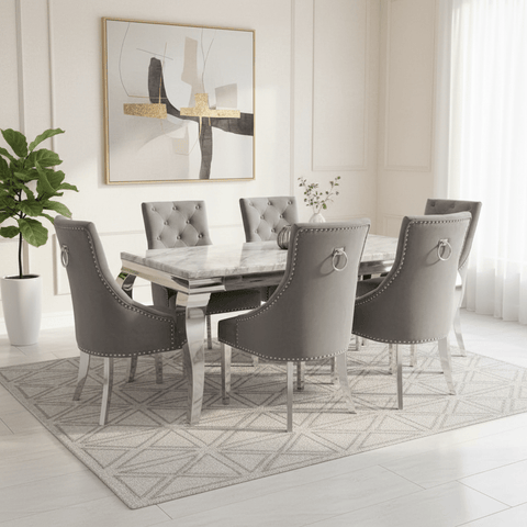 Liyana 1.5M Marble Top Dining Table with Ring Knocker Chairs