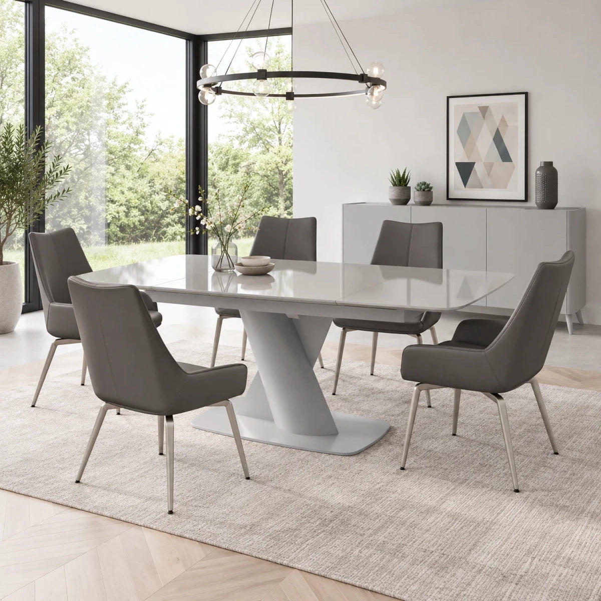 Lorenzano Light Grey Glass Extending Dining Table & Bella Grey Swivel Chairs Set
