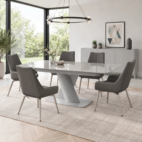 Lorenzano Light Grey Glass Extending Dining Table & Bella Grey Swivel Chairs Set