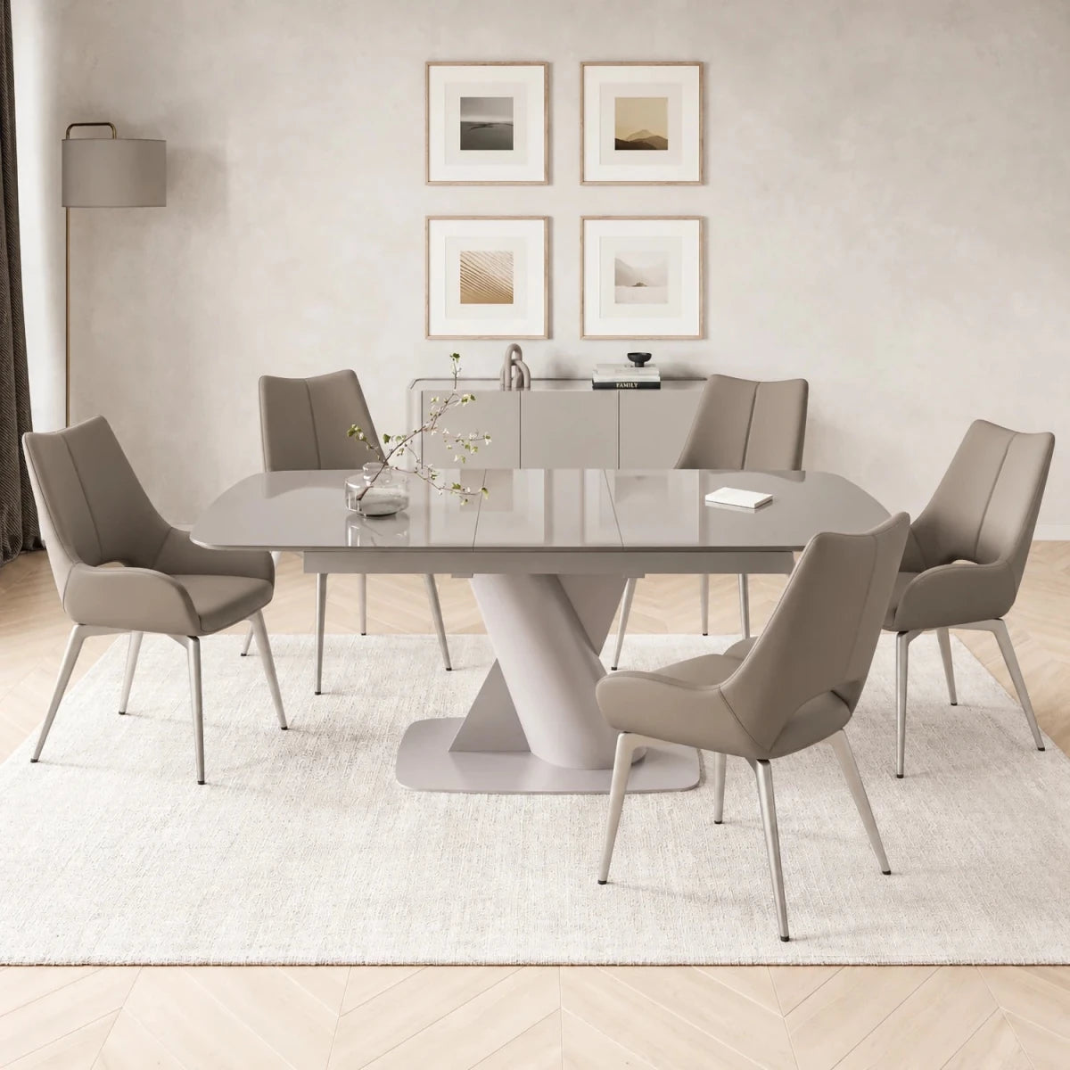 Lorenzano Taupe Glass Extending Dining Table & Bella Grey Swivel Chairs Set